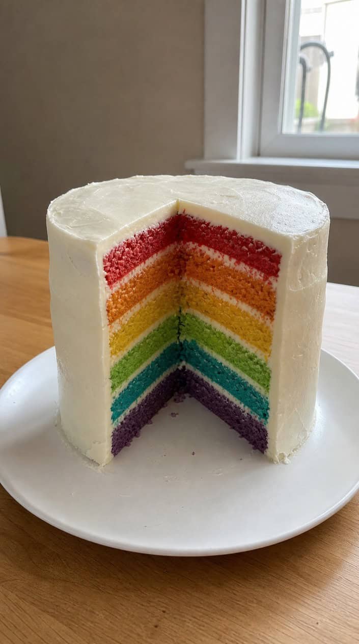 A colorful rainbow layer cake with white frosting on a white plate.