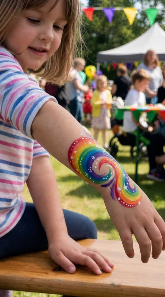 A child's wrist painted with bright rainbow swirls against a softly blurred background.