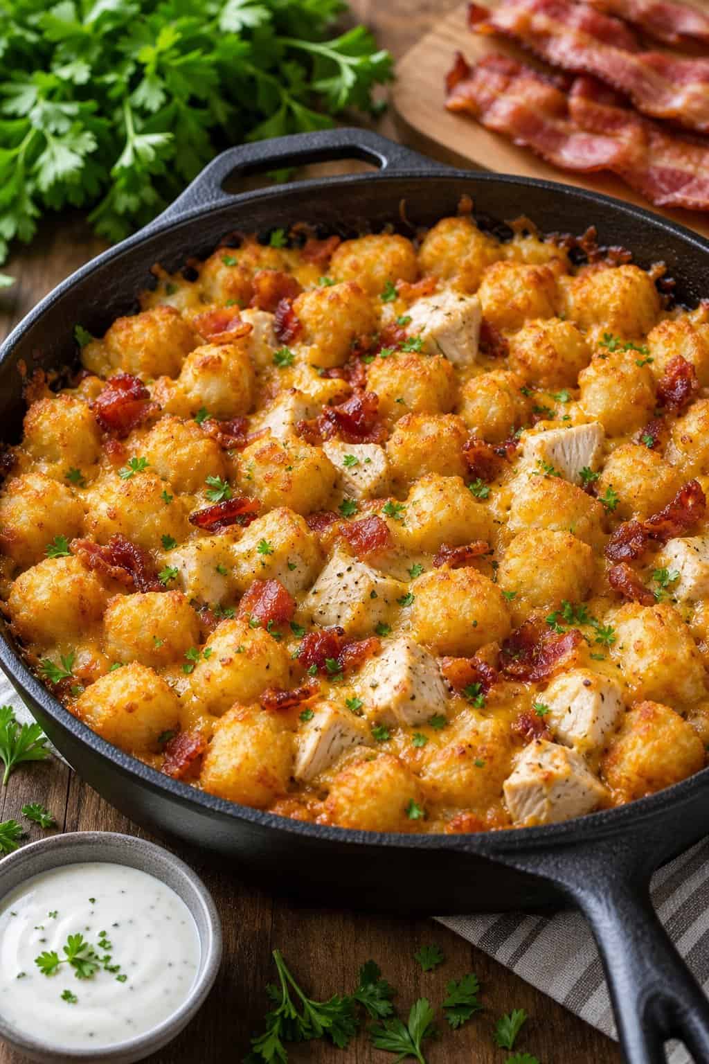 A skillet filled with a baked ranch chicken, bacon, and tater tot casserole on a wooden table with fresh ingredients around it.