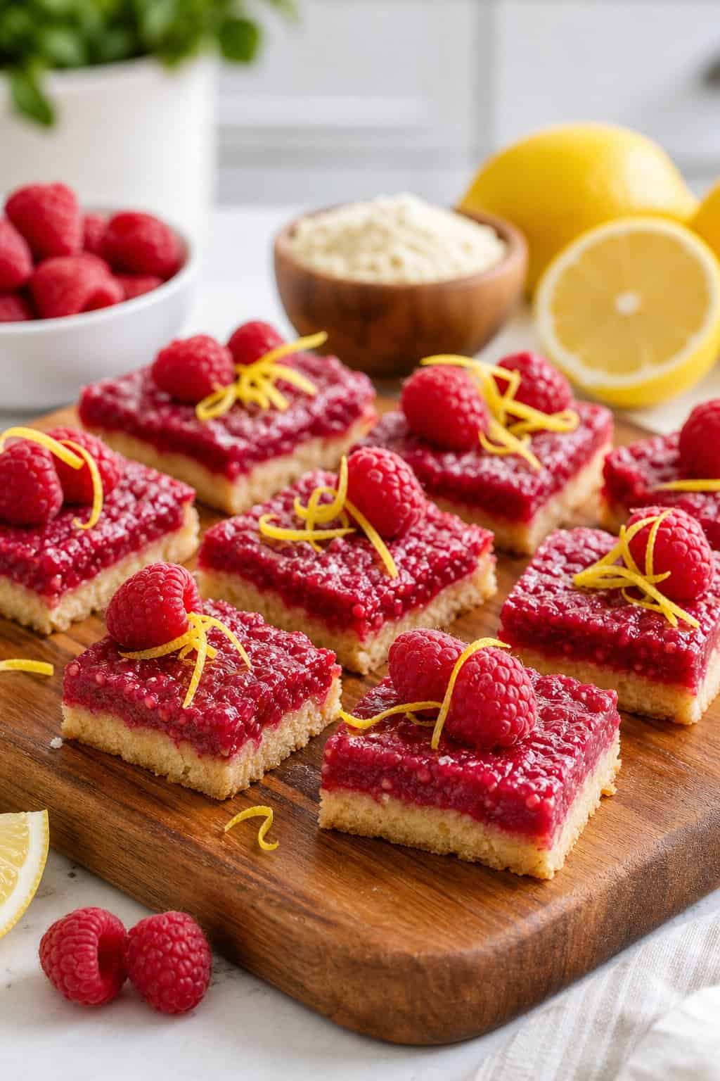 Nine raspberry lemon keto bars on a wooden board, showing a pale shortbread base, a deep pink raspberry middle layer, and a crumbled golden topping, garnished with a few whole fresh raspberries and a curl of lemon zest.