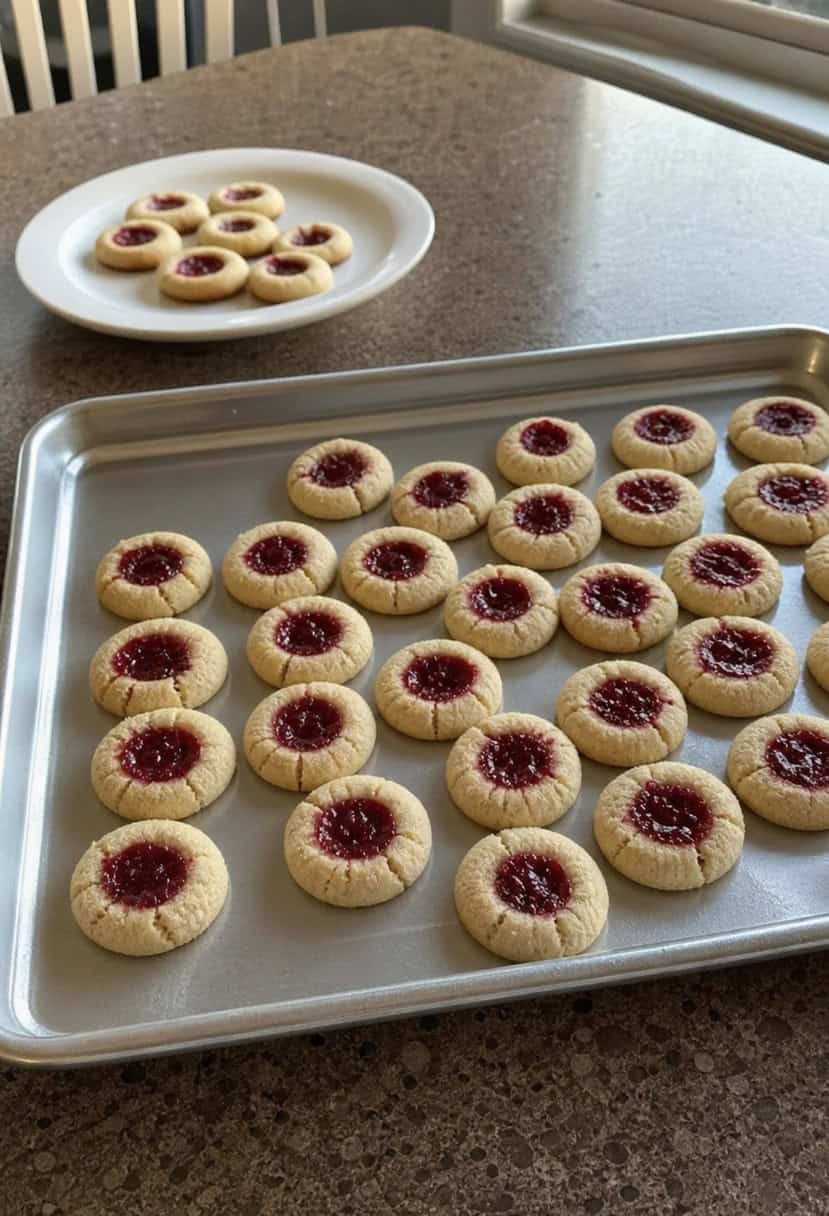 A kitchen counter with a tray of freshly baked raspberry thumbprint cookies surrounded by ingredients and utensils