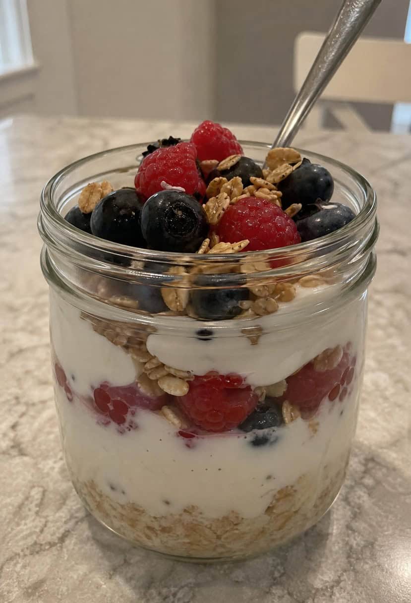 A glass jar filled with layers of oats, raspberries, and vanilla yogurt, topped with fresh berries and a sprinkle of granola