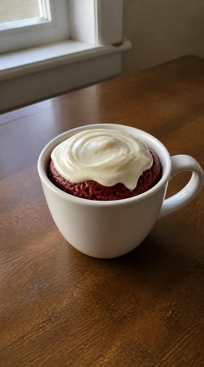 A clean white ceramic mug filled with a deep red mug cake, a small visible pocket of white cream cheese filling just below the surface, with a silver spoon and a folded white napkin resting alongside it on a wood table.