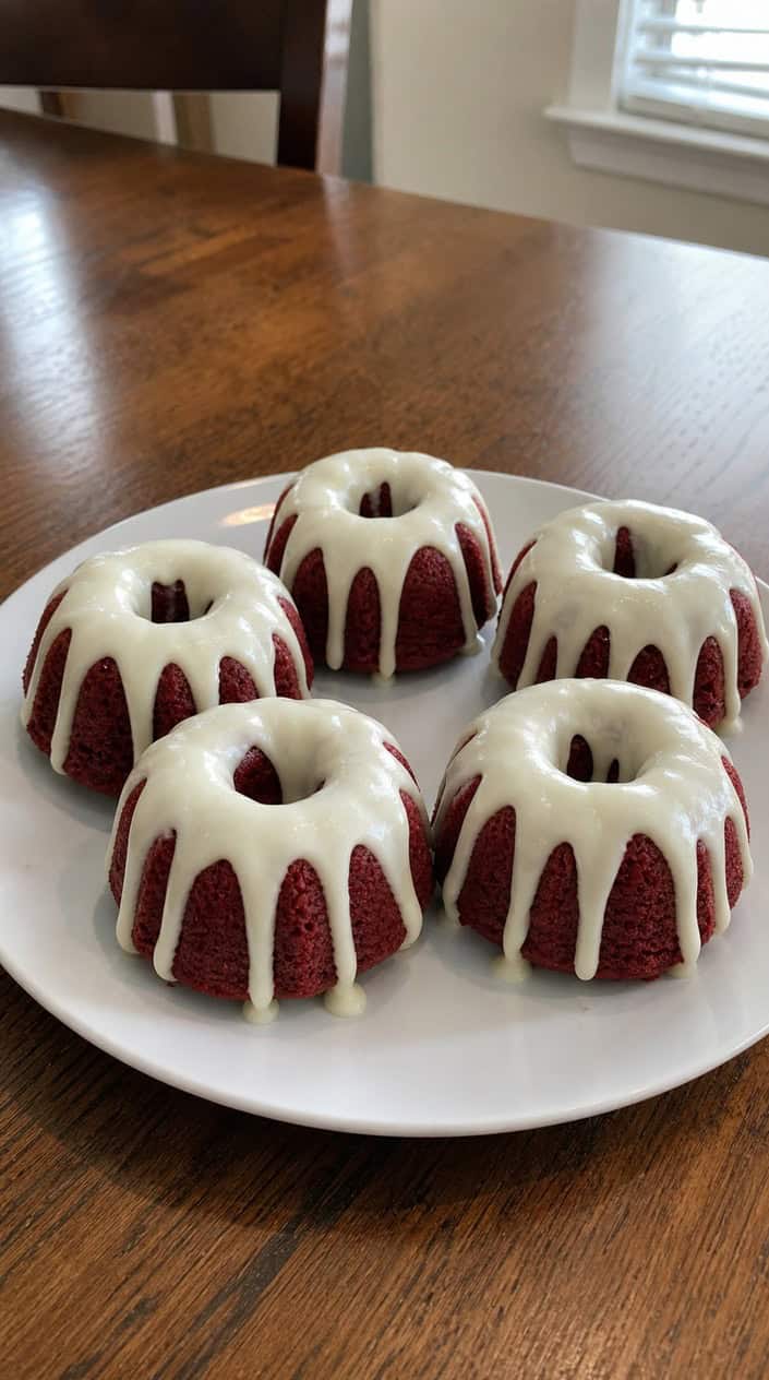 Close-up of red velvet mini bundt cakes with cream cheese glaze on a white plate, surrounded by subtle Fourth of July decorations.