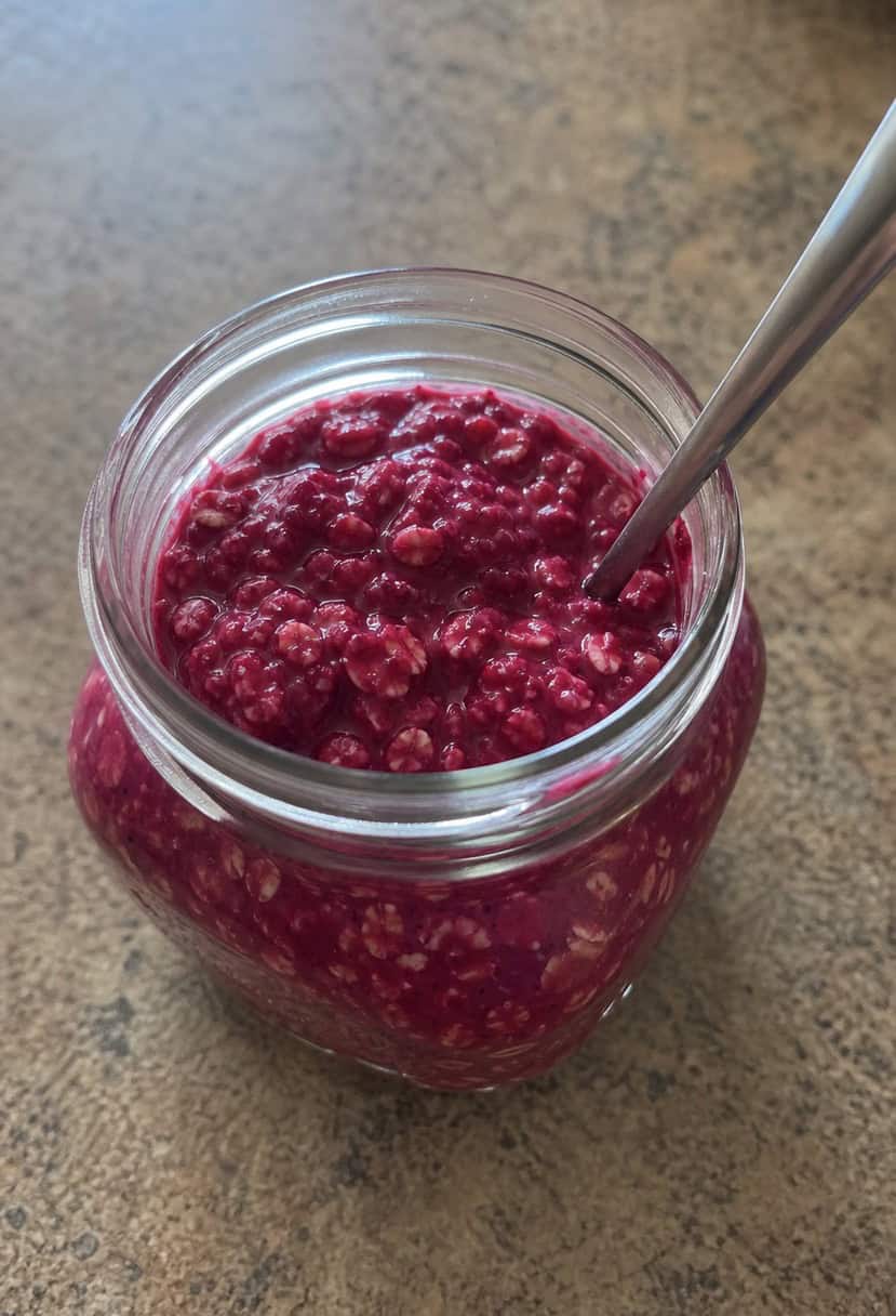 A glass jar filled with red velvet overnight oats, surrounded by scattered oats, a measuring cup, and a spoon on a wooden table