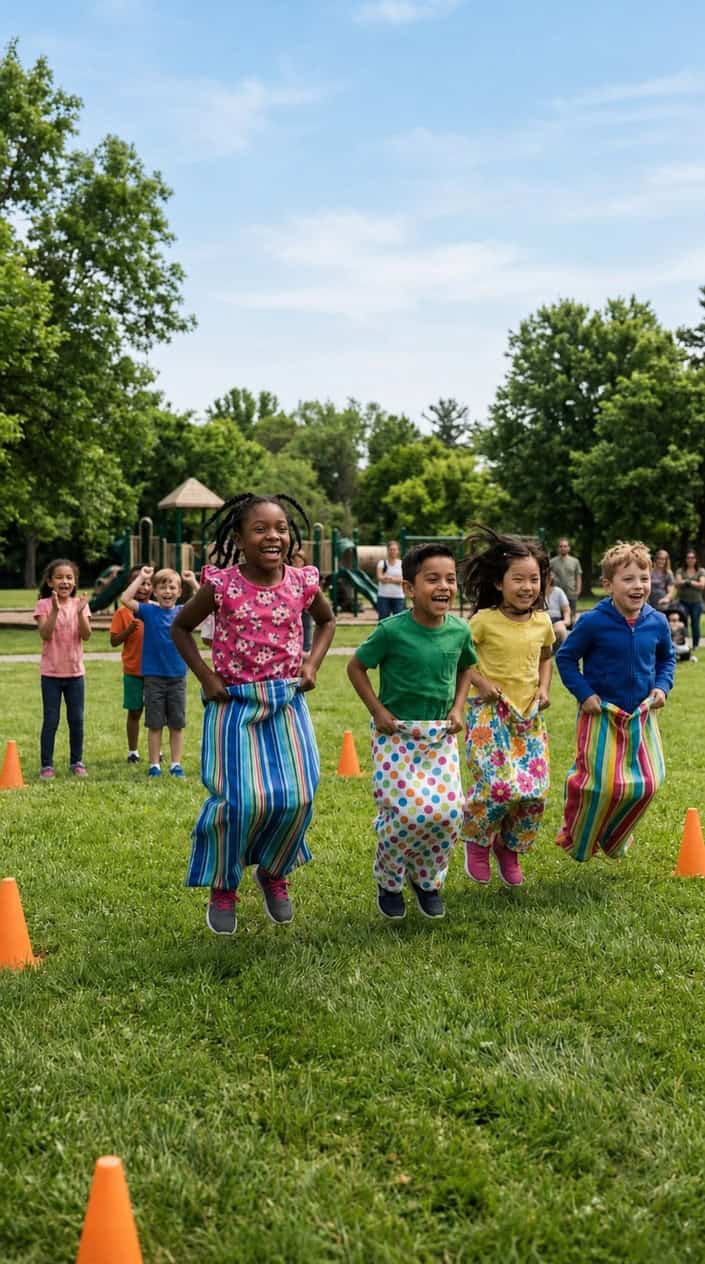 Children jumping in pillowcases during a relay sack race outdoors on a sunny day.