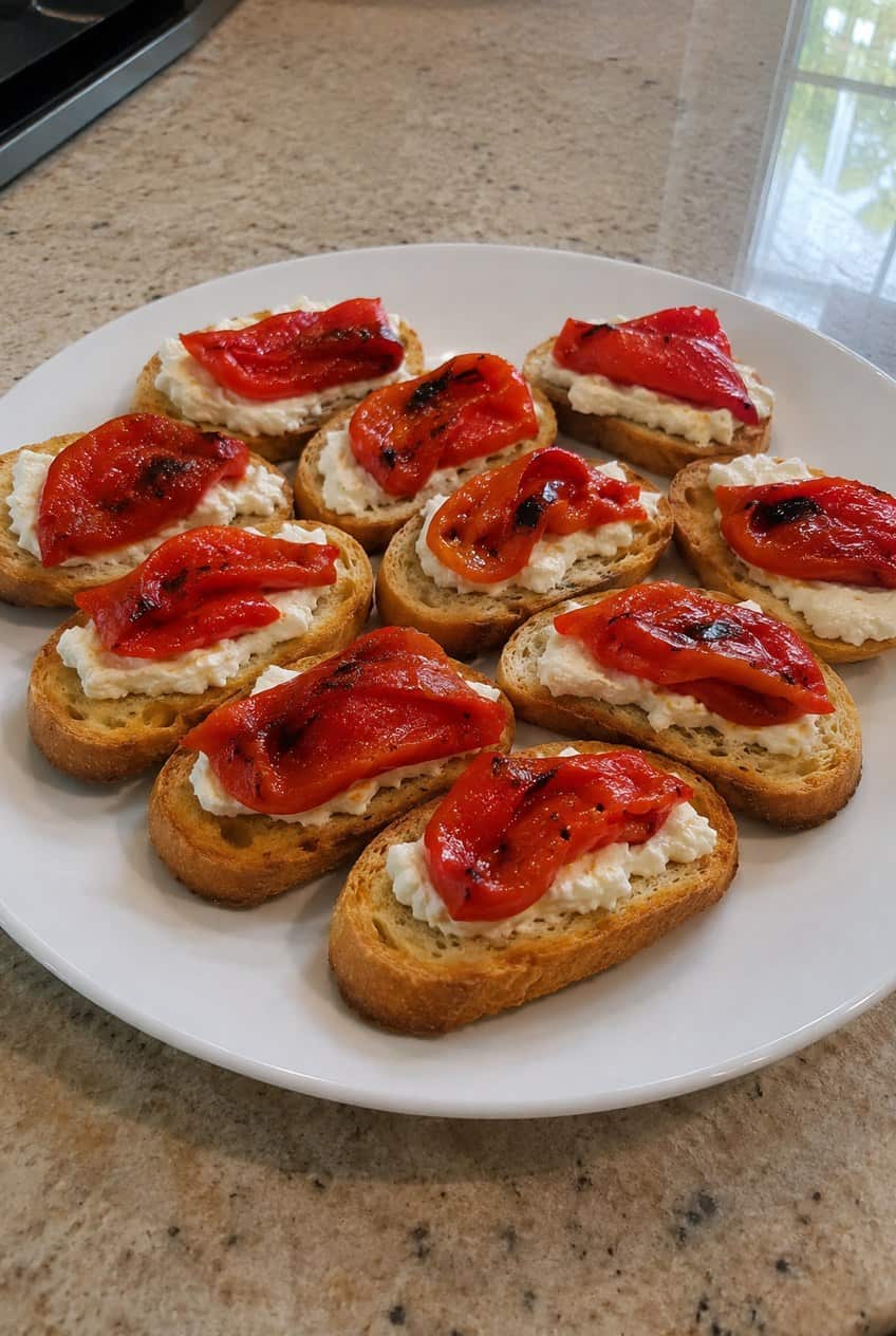Rows of toasted baguette rounds spread with creamy white goat cheese and topped with strips of roasted red pepper, arranged on a rustic wooden board.