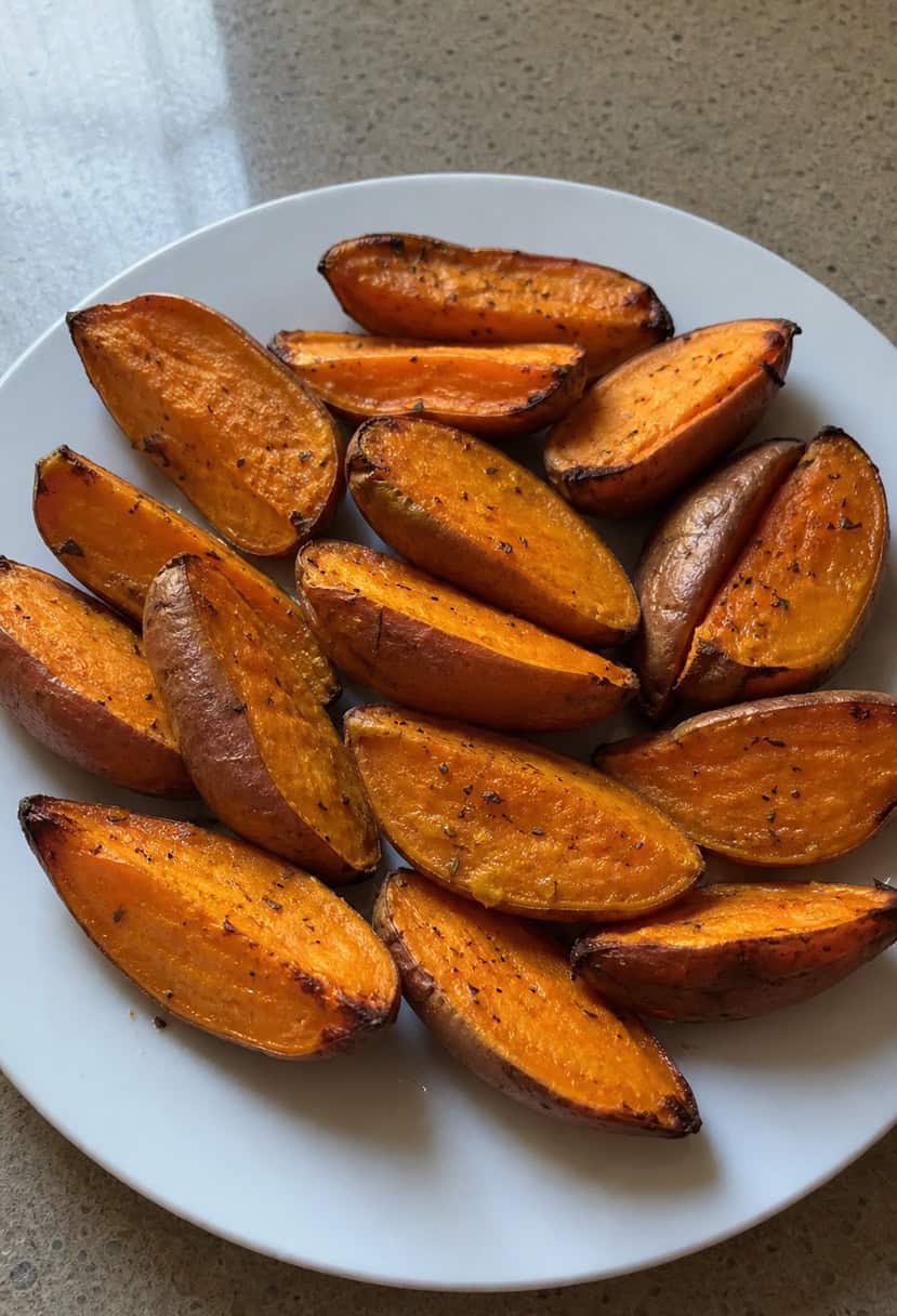 A rustic wooden table adorned with a platter of golden-brown roasted sweet potatoes, garnished with fresh herbs and spices