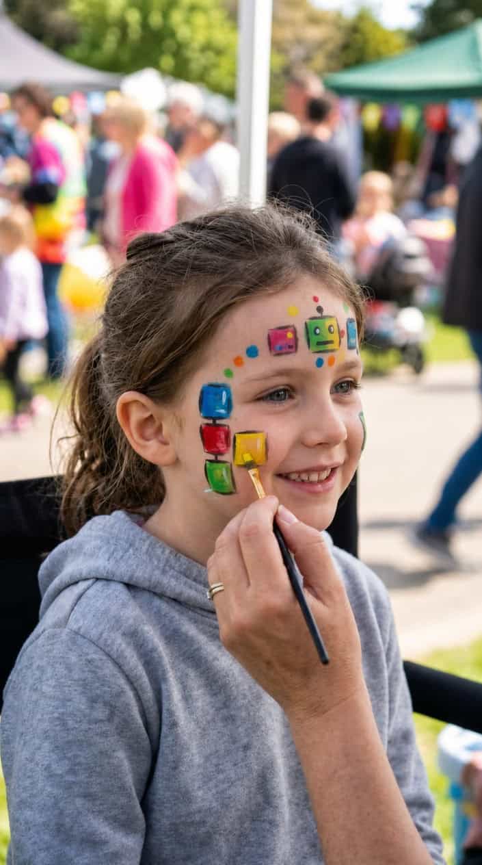 A child smiling while an adult paints colorful robot panel squares on their face using a single brush.