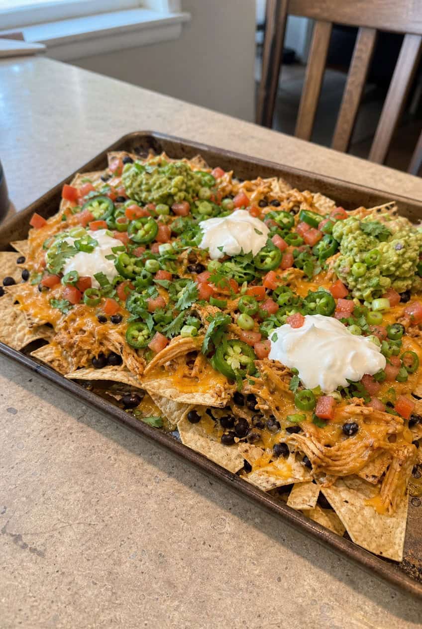 A large sheet pan loaded with golden tortilla chips topped with shredded rotisserie chicken, melted cheddar, black beans, corn, sliced jalapeños, and a swirl of sour cream, photographed on a rustic wooden table.