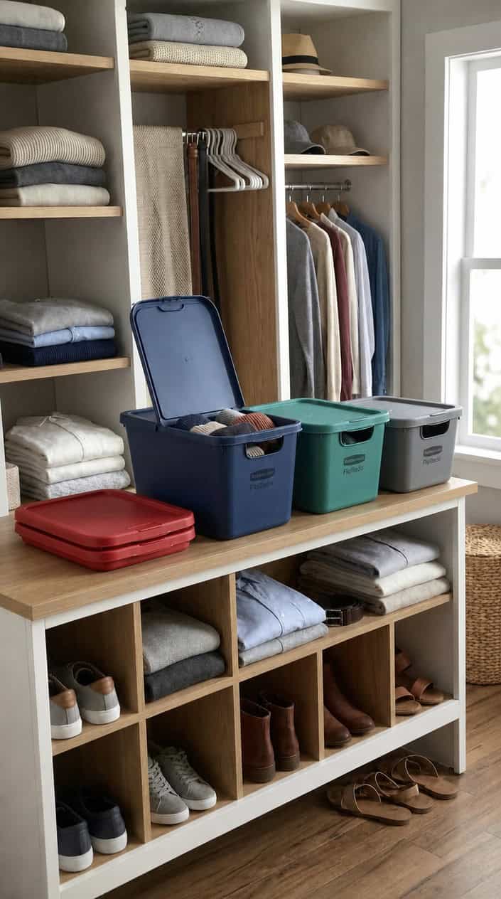 Closet interior with neatly arranged collapsible storage bins and organized shelves holding clothes and shoes.