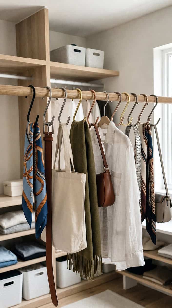 Various sizes of S-hooks hanging on a closet rod holding scarves, belts, and bags in a tidy closet.