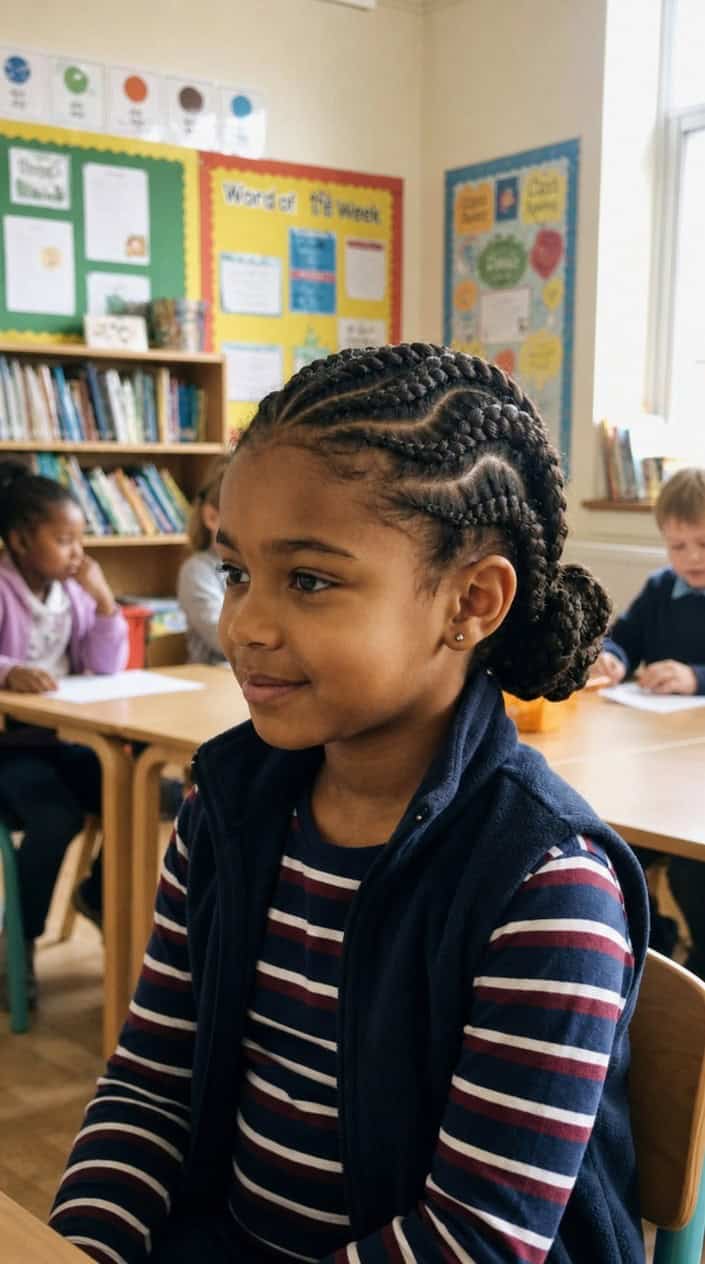 A young girl with thick hair styled in detailed braids, smiling indoors with a softly blurred background.