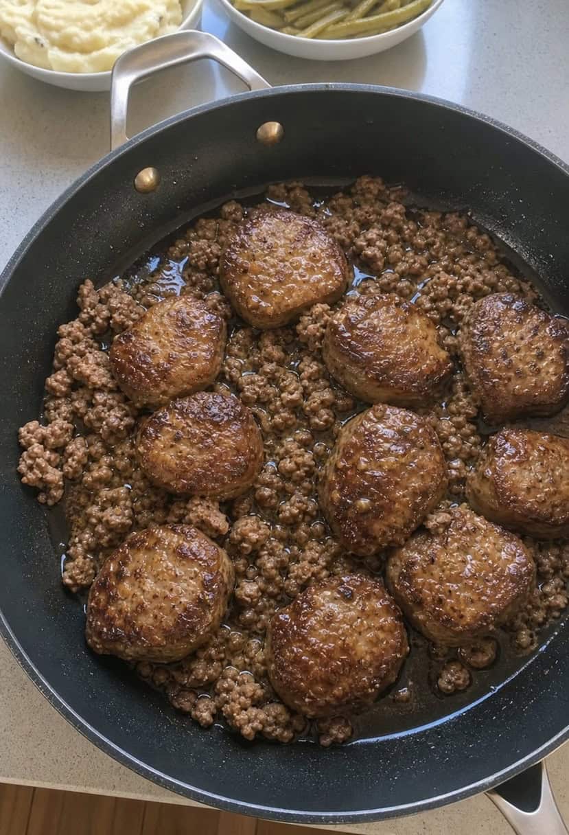 A sizzling skillet holds savory Salisbury steak and ground beef, surrounded by various ingredients and seasonings