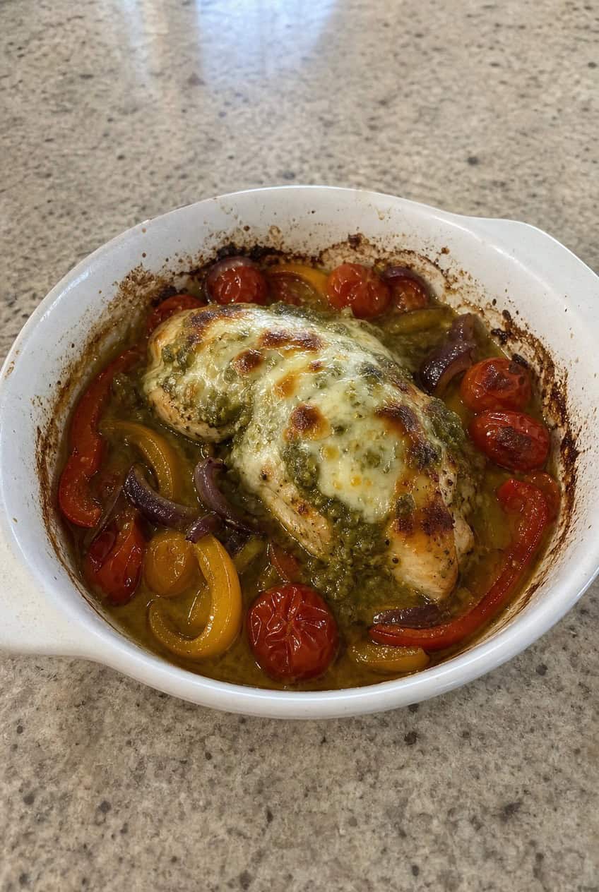 Baked chicken breasts topped with bright green salsa verde and bubbling melted white cheese in a white ceramic baking dish, garnished with fresh cilantro leaves.
