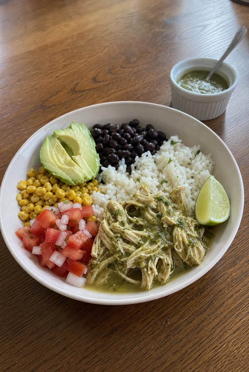 A wide bowl filled with a base of white rice topped with salsa verde chicken, black beans, roasted corn, diced avocado, shredded cheese, a dollop of sour cream, and a lime wedge, photographed on a wooden table.