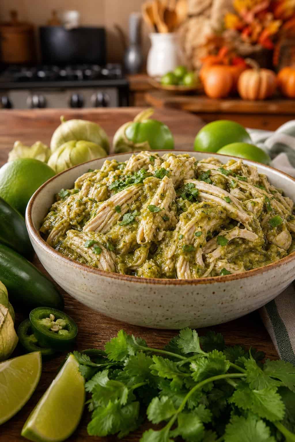 A bowl of salsa verde shredded chicken on a wooden countertop surrounded by fresh tomatillos, limes, jalapeños, and cilantro in a cozy kitchen setting.