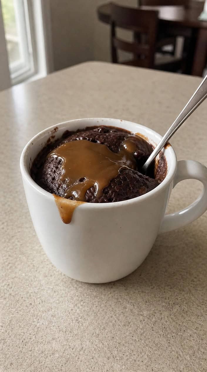 A dark ceramic mug filled with a fudgy brownie mug cake, topped with a visible drizzle of amber caramel sauce that has pooled slightly at the rim, sitting on a wood table with a small bowl of caramel and a few chocolate chips scattered nearby.