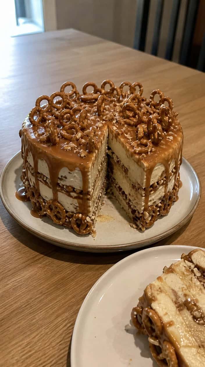 A salted caramel pretzel ice cream cake topped with pretzels and caramel sauce on a wooden table with a blurred backyard party background.