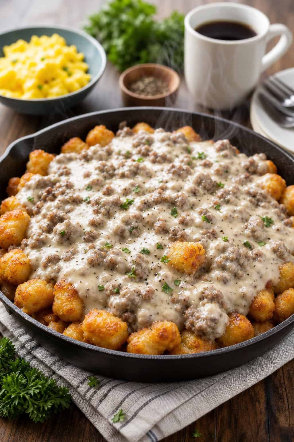 30 Tater Tot Breakfast Casseroles That Feed a Crowd 9 A skillet filled with a breakfast casserole of tater tots covered in sausage gravy on a wooden table.