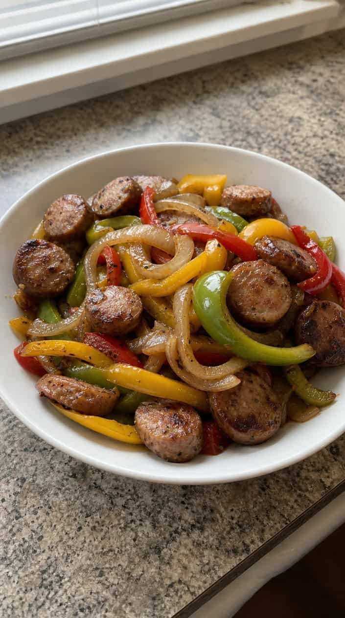22 Slow Cooker Recipes I Come Back to on the Weeks Everything Falls Apart 13 Close-up of cooked sausage, sautéed bell peppers, and onions in a bowl on a wooden countertop with fresh ingredients nearby.