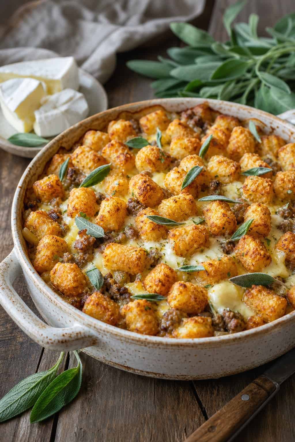 A freshly baked sausage, sage, and brie tater tot breakfast casserole in a rustic dish on a wooden table with fresh sage garnish.