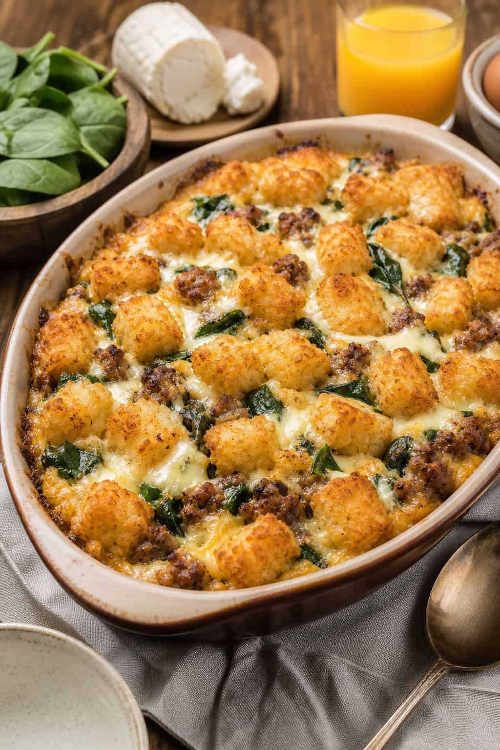 30 Tater Tot Breakfast Casseroles That Feed a Crowd 30 A baked tater tot casserole with sausage, spinach, and goat cheese in a ceramic dish on a wooden table with breakfast items around it.