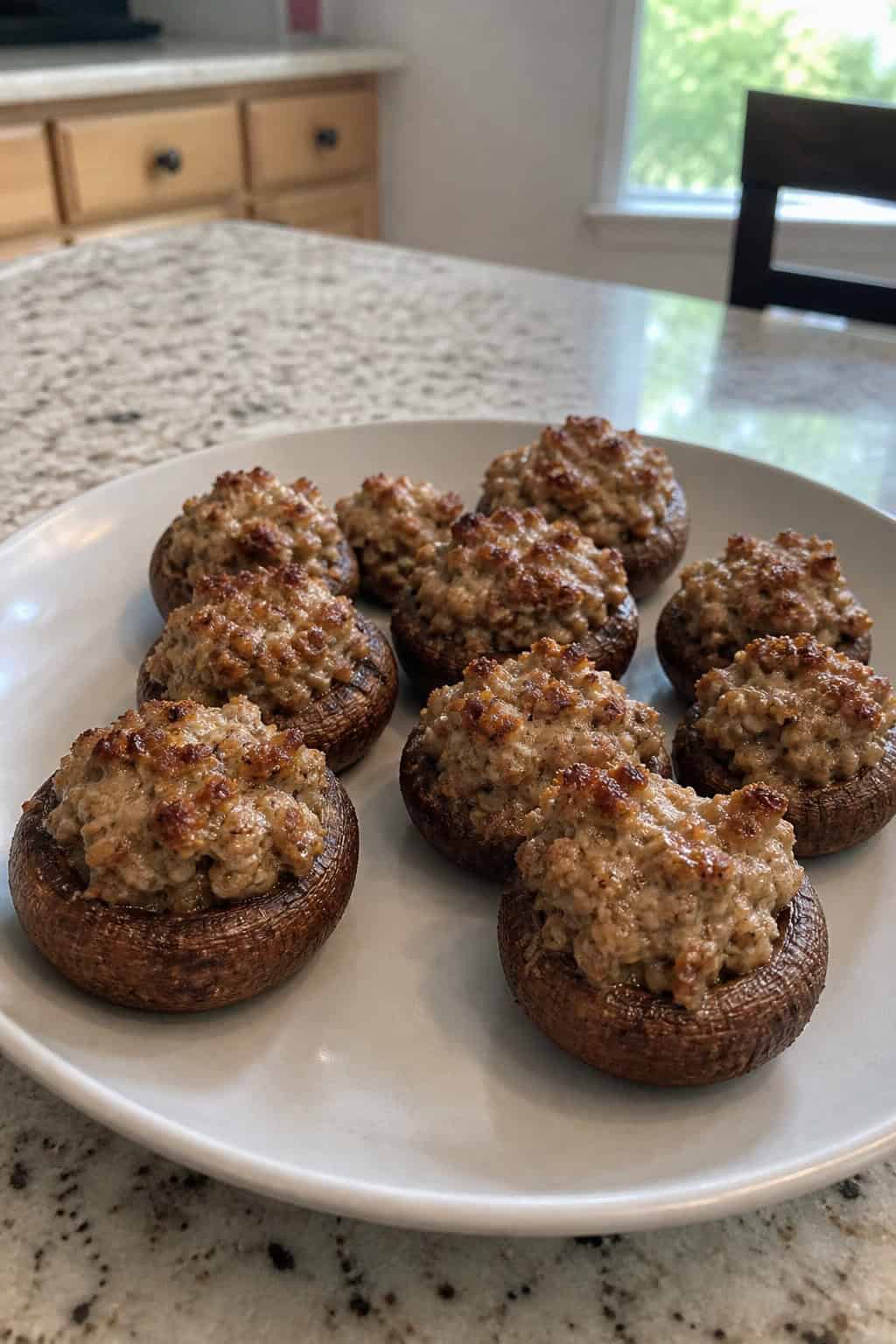 Tray of sausage-stuffed mushrooms on a kitchen countertop with fresh ingredients nearby.