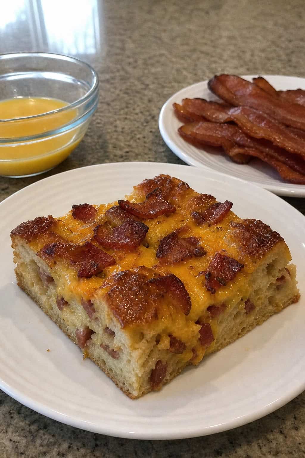 A square slice of cheddar and bacon French toast strata on a white plate, garnished with fresh chives, with a wooden table and ingredients visible in the background.