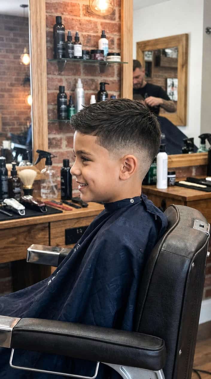 A young boy sitting in a barbershop chair with a fresh haircut featuring a smooth fade and neatly trimmed hair on top.