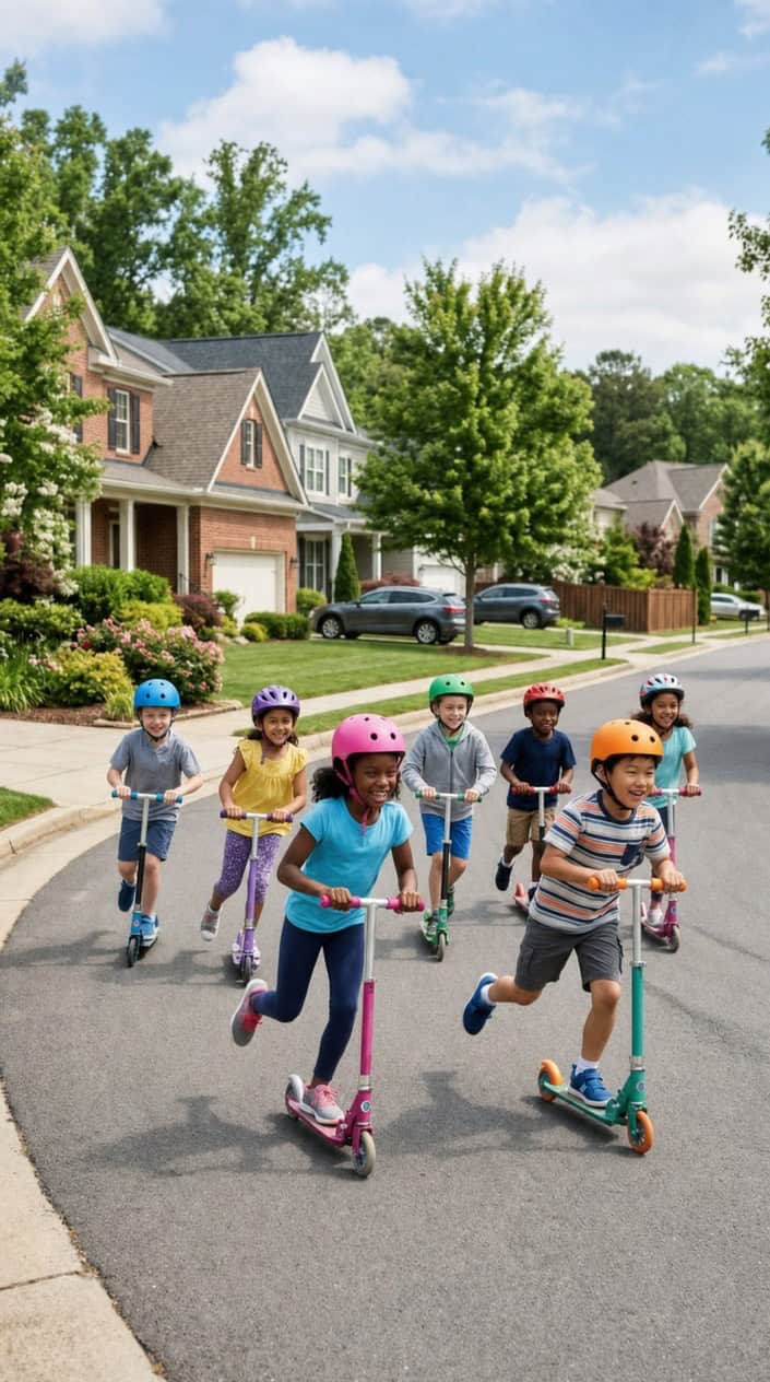 Children riding scooters around a neighborhood street on a sunny day, smiling and having fun.
