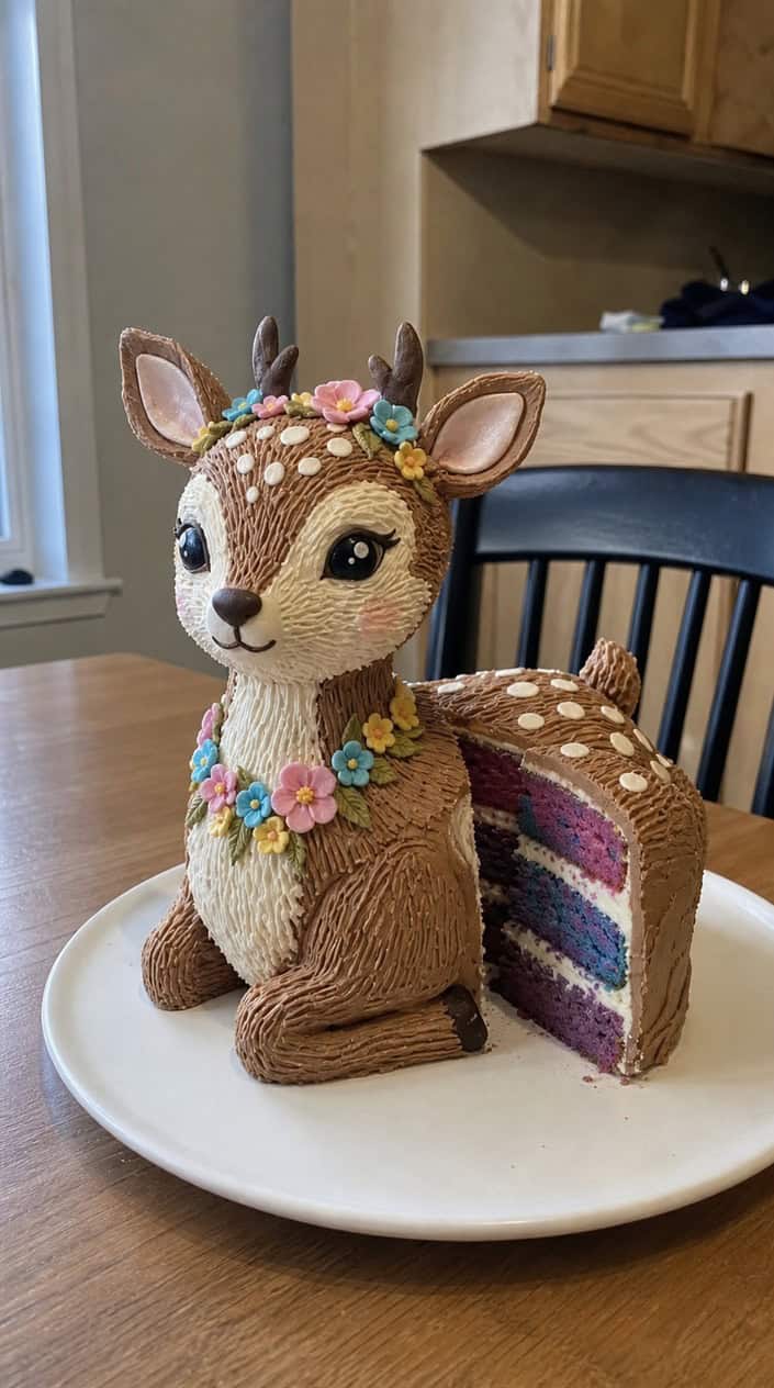 A sculpted animal-shaped cake with colorful inner layers cut open, displayed on a white surface.