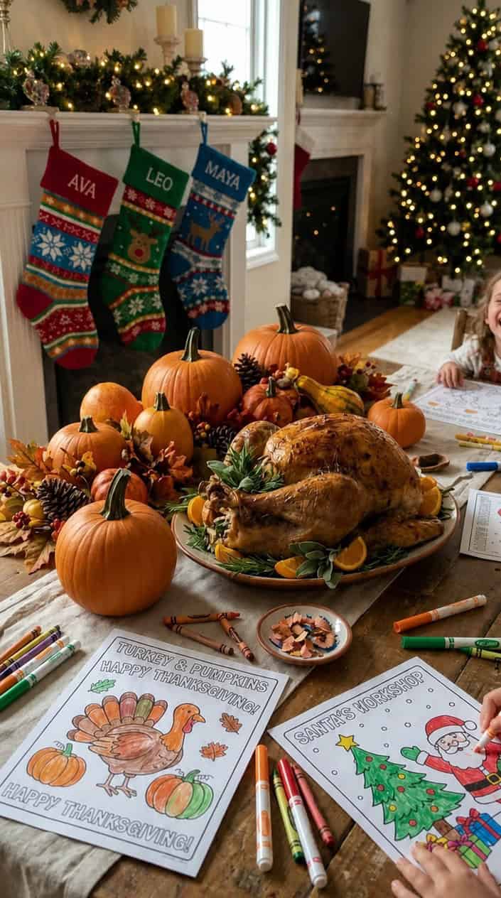 A festive arrangement of pumpkins, a roasted turkey, colorful stockings, and children's holiday-themed coloring pages with crayons.