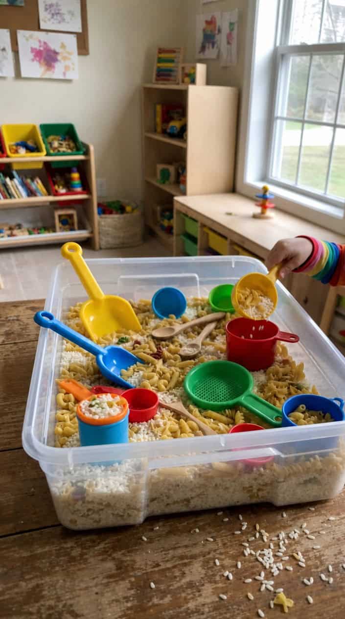 A sensory bin filled with rice and pasta, with colorful scoops and tools arranged on a table.