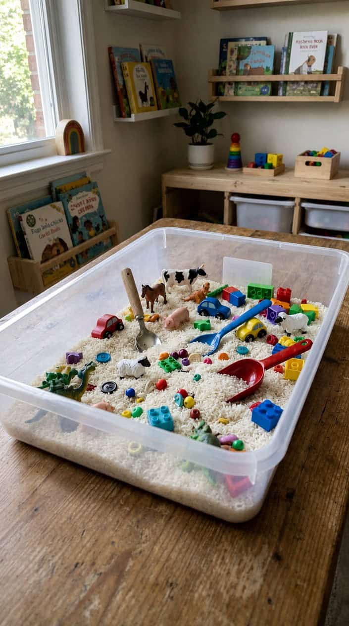 A sensory bin filled with white rice, small toys, and spoons arranged on a table.