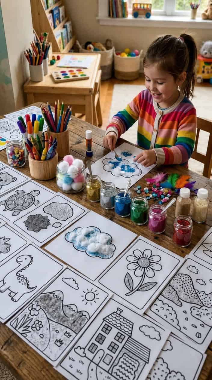 A table with colorful printable coloring pages surrounded by crayons, cotton balls, and glitter spots for a children's sensory art activity.