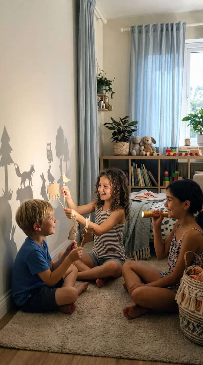 Children using a flashlight and paper cutouts to create shadow puppets on a wall indoors.