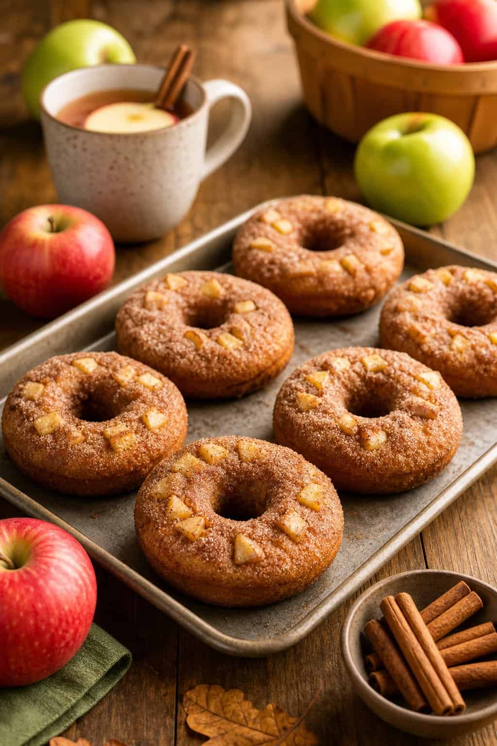 A baking sheet with freshly baked apple cinnamon donuts on a wooden table surrounded by apples and cinnamon sticks.