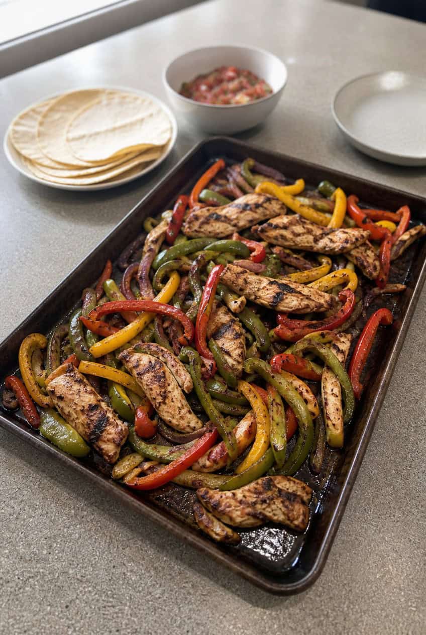 Sliced chicken strips with charred red, yellow, and green bell peppers and onions on a foil-lined baking sheet, garnished with lime wedges and fresh cilantro.