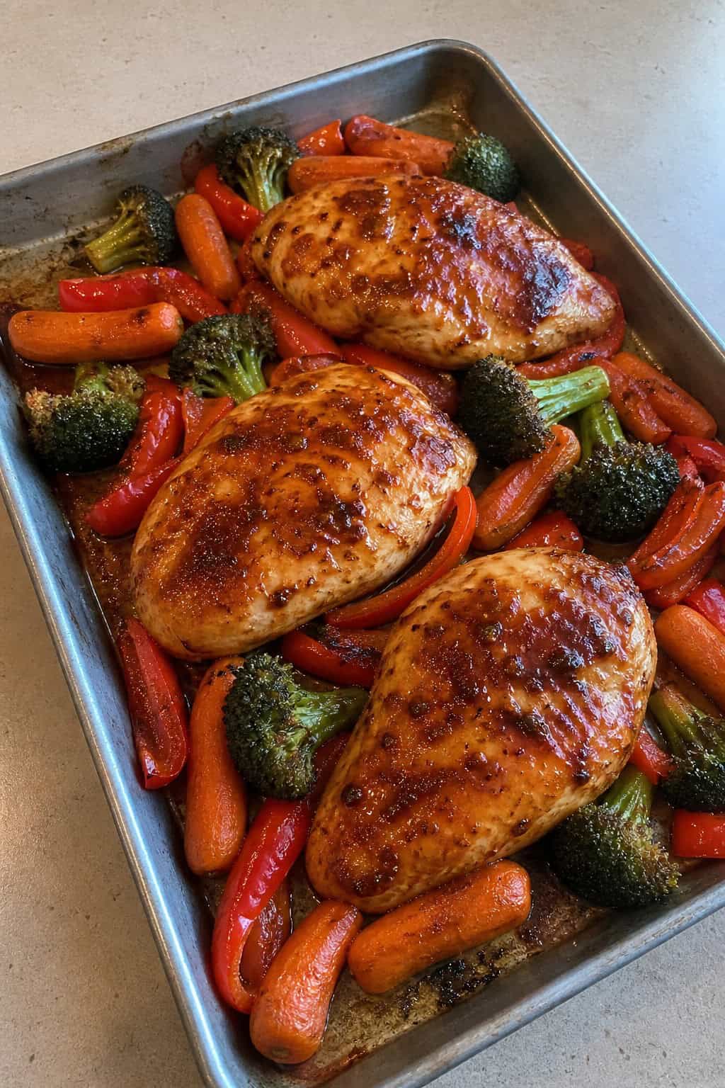 A sheet-pan meal with honey-sriracha glazed chicken breasts and roasted vegetables on a rustic wooden table.