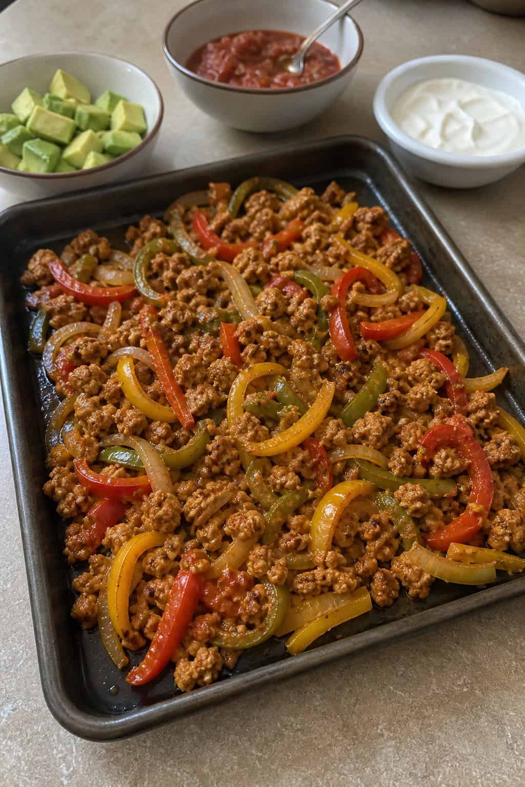A sheet pan filled with cooked minced chicken fajitas with colorful bell peppers and onions, garnished with cilantro and lime wedges on a wooden table.