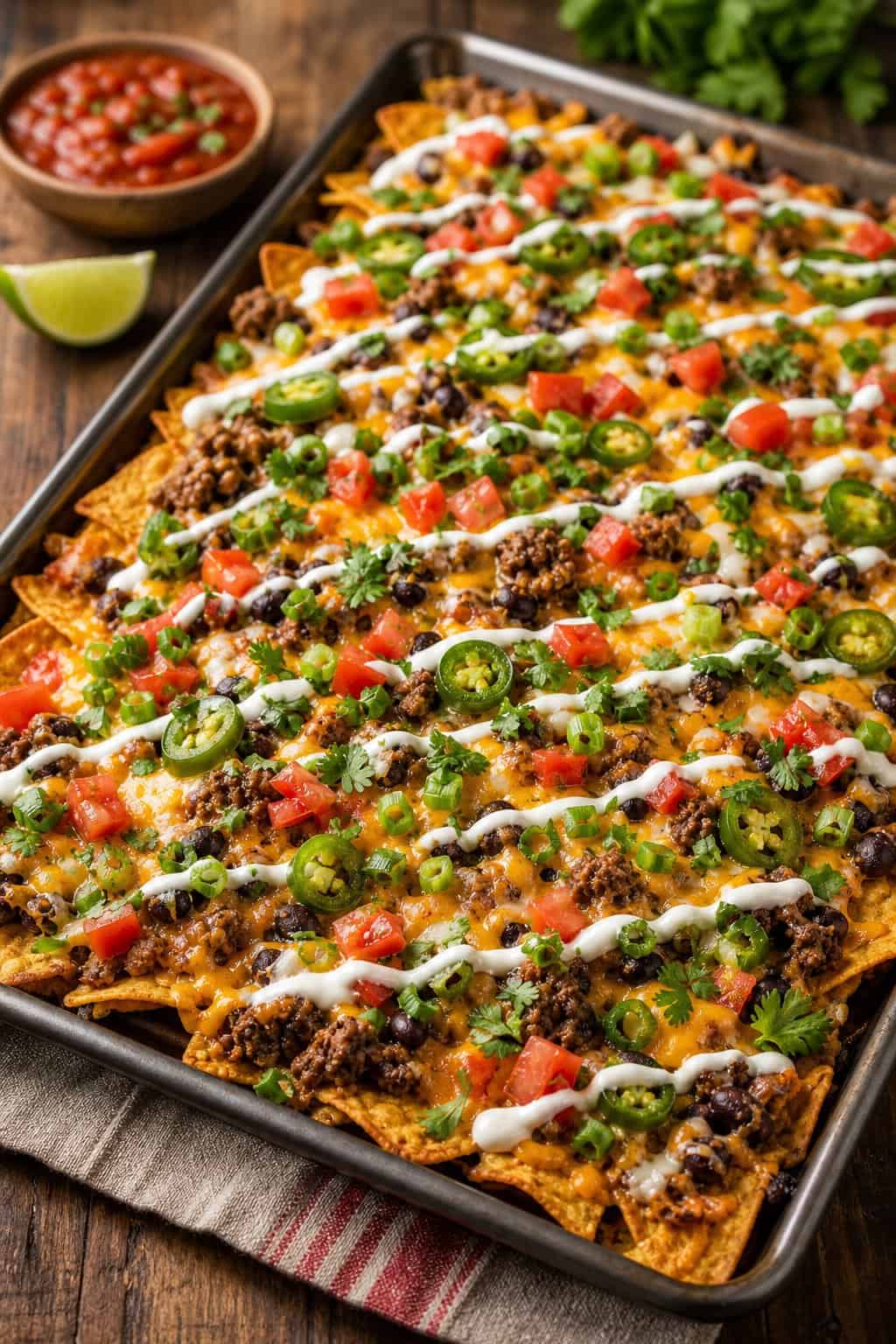 17 Easy Ground Beef Recipes for Weeknight Dinners 8 A sheet pan filled with baked Tex-Mex nachos topped with melted cheese, ground beef, beans, jalapeños, tomatoes, and green onions.