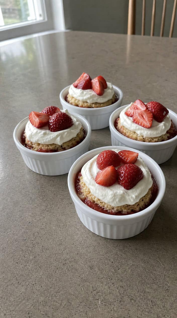 Four white ceramic ramekins filled with golden shortcake biscuits layered with sliced fresh strawberries and billowy whipped cream, arranged on a light wood surface.