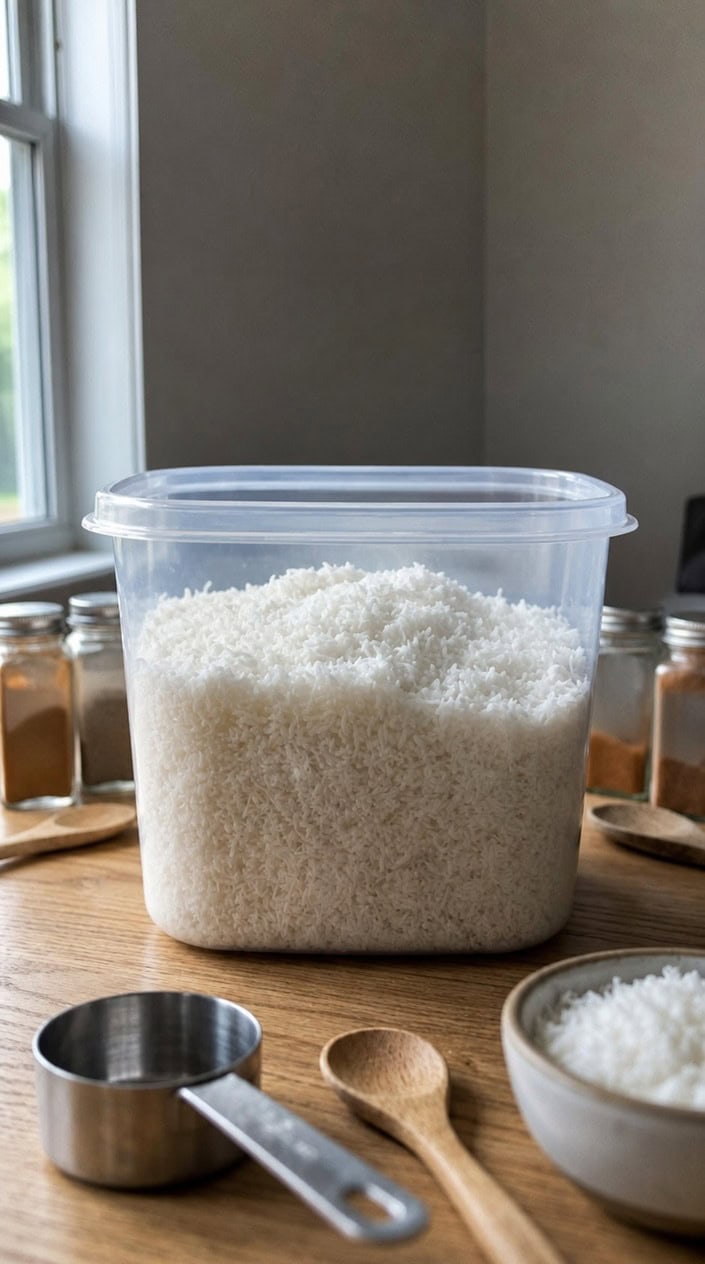Close-up of a clear container filled with fluffy white shredded coconut resembling snow, surrounded by kitchen utensils and jars.