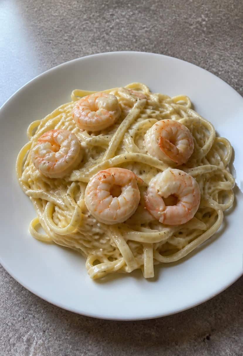 A steaming plate of creamy shrimp Alfredo with a sprinkle of parsley, served alongside a glass of white wine