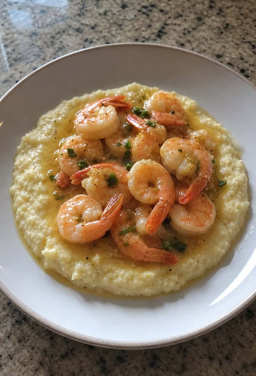 A steaming plate of shrimp and grits surrounded by fresh ingredients and cooking utensils on a rustic kitchen counter