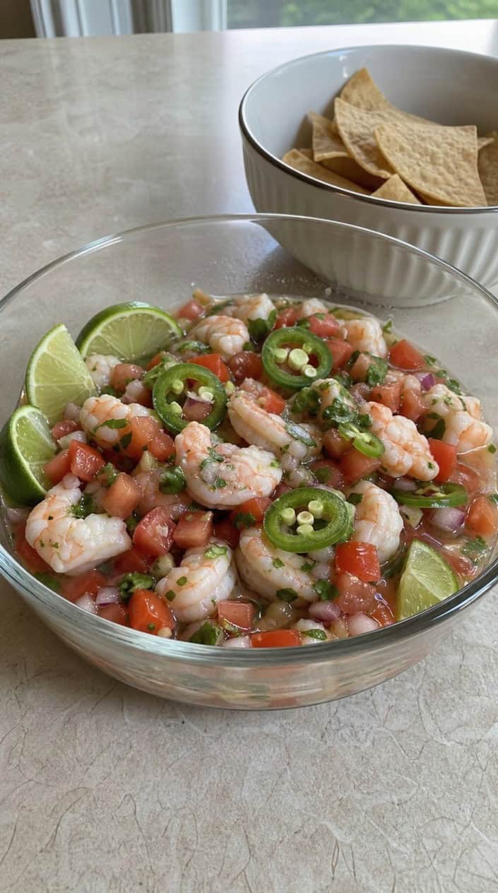 A bowl of shrimp ceviche with lime wedges and jalapeño slices on a wooden table, accompanied by tortilla chips and a glass of water.