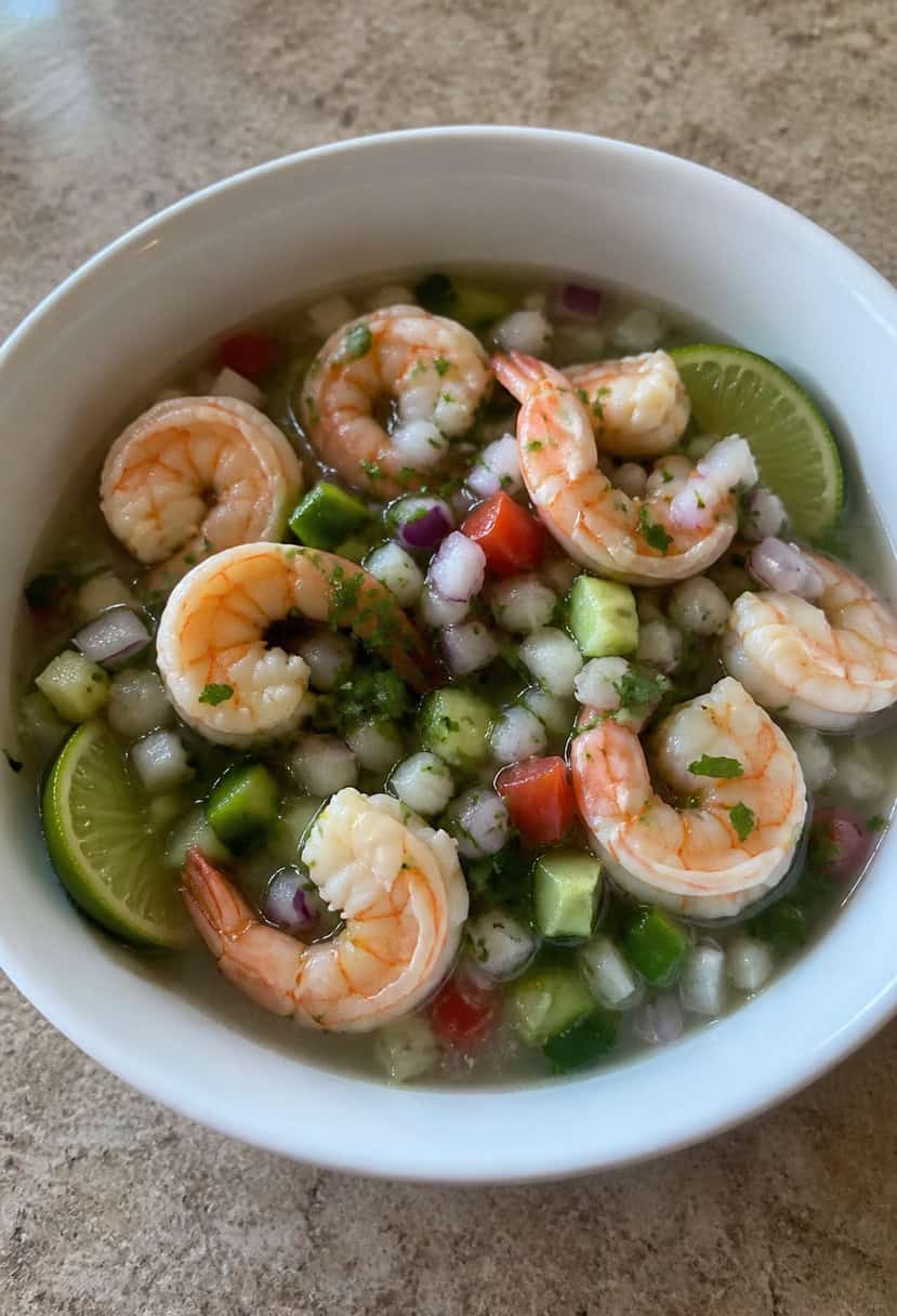 A bowl of shrimp ceviche surrounded by fresh ingredients like tomatoes, onions, cilantro, and lime slices, with a vibrant and inviting color palette