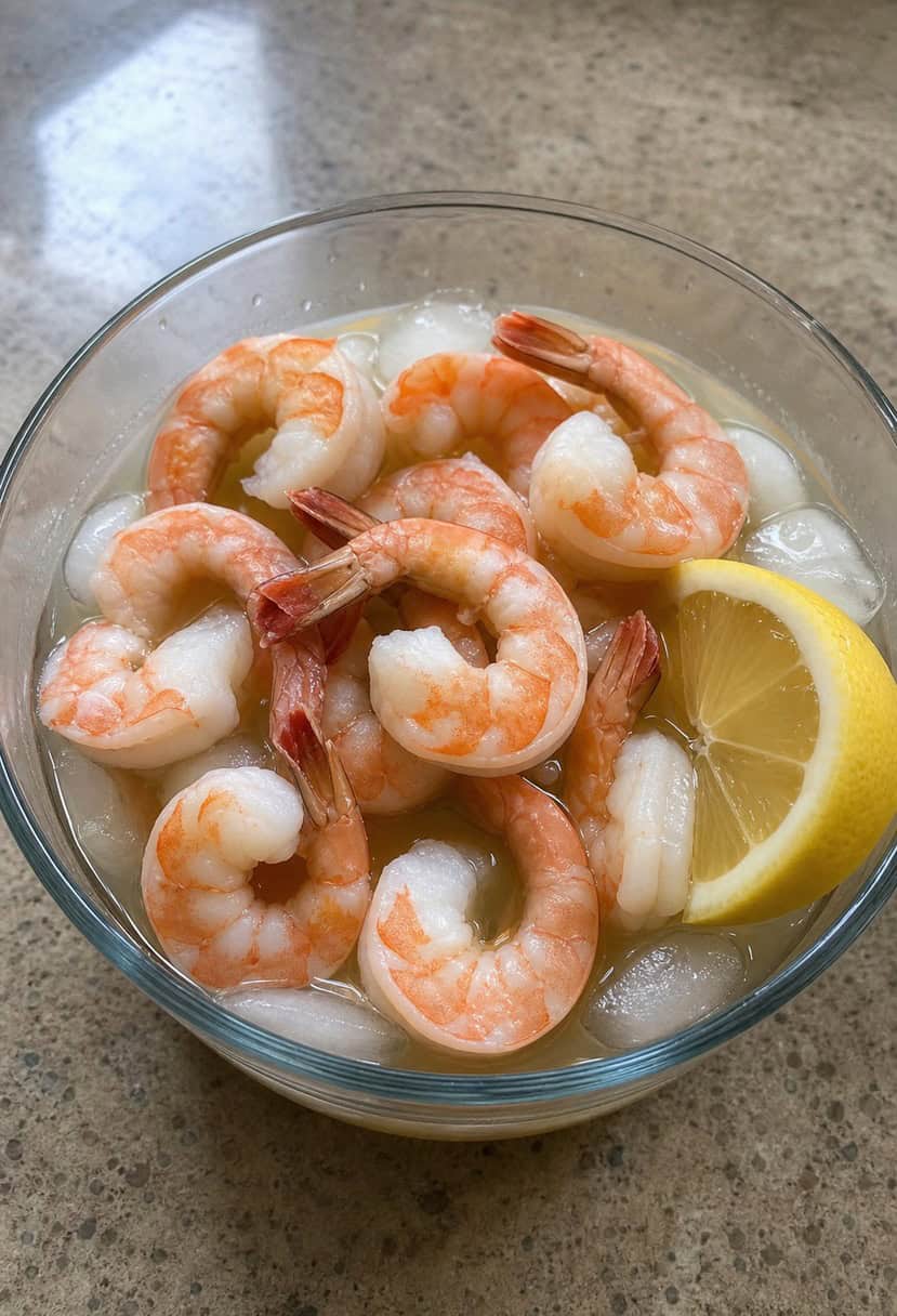 A glass dish filled with shrimp cocktail surrounded by ice and garnished with lemon slices and parsley