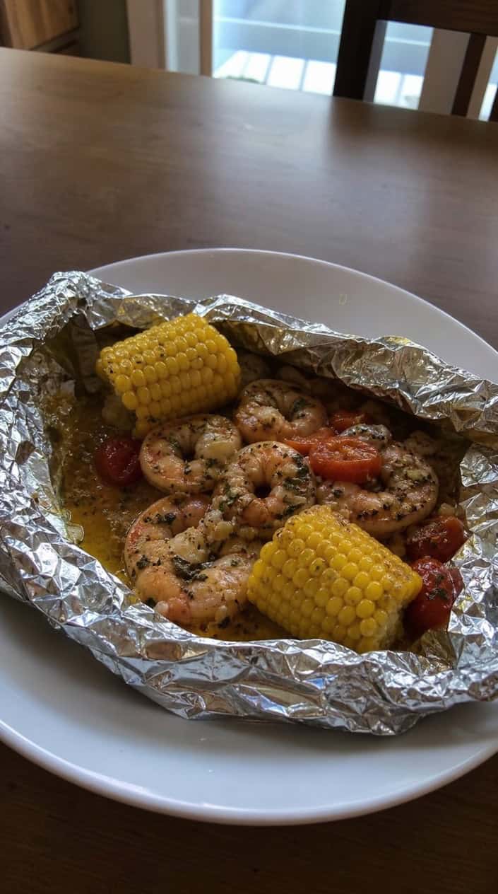 Shrimp and corn cooking in foil packets on a backyard grill outdoors.
